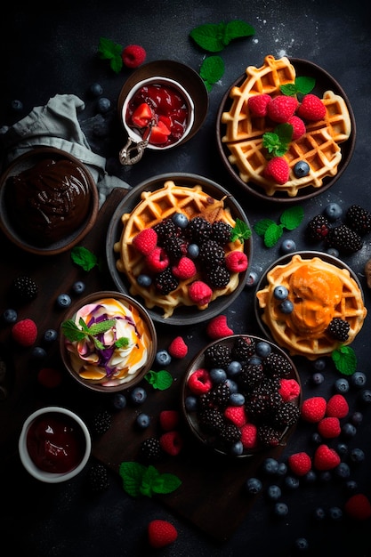 Waffle belgi con diverse salse gelato al cioccolato e frutti di bosco IA generativa