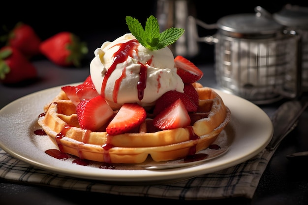 Waffle belgi con fragole e panna montata