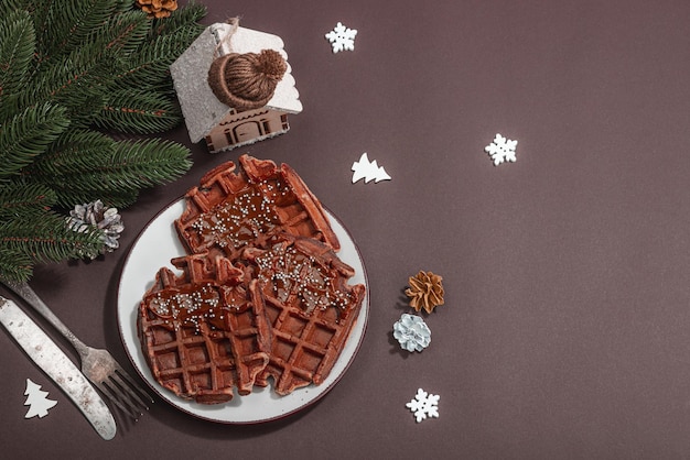 Waffle belgi di Natale con cioccolato dessert di Capodanno tradizionale senza lattosio senza glutine cottura alla moda dura luce scura ombra vista dall'alto