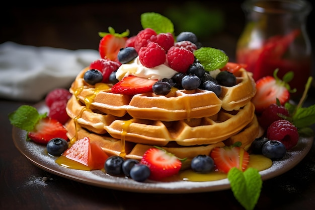 Waffle con bacche fresche e fragole