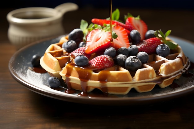 Waffle con bacche fresche su un tavolo di legno