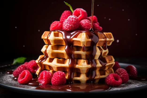 Waffle con cioccolato e lamponi sopra