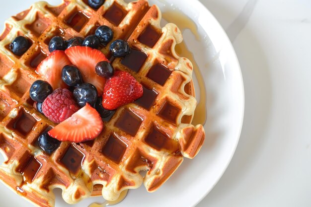 Waffle con fragole mirtilli e sciroppo d'acero su piatto bianco vista dall'alto ai generato