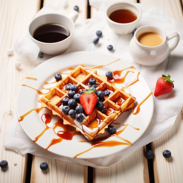 Waffle con sciroppo e mirtilli fragole giacciono su un piatto bianco sul tavolo della cucina