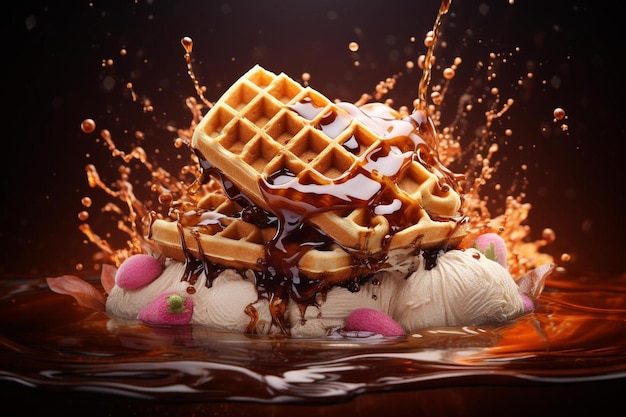 waffle con sciroppo e salsa al cioccolato su sfondo nero