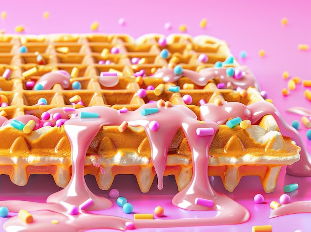 Waffle d'oro zuccherato immerso in ghiaccio rosa e spruzzate di caramelle AI generativa