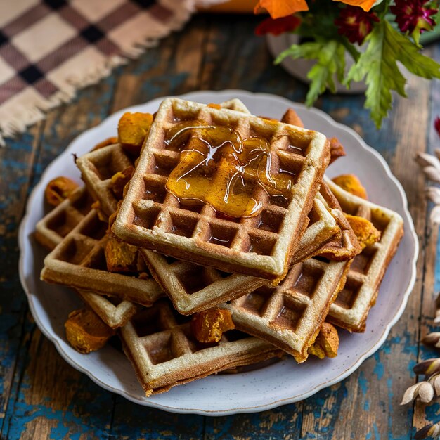 waffle di zucca al forno con miele in un piatto su un tavolo di legno