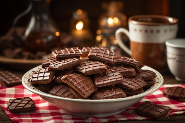 Waffle ricoperte di cioccolato ammassate in una piccola ciotola