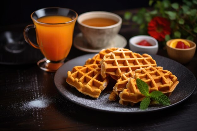 Waffle serviti con caffè caldo e succo d'arancia creati con l'IA generativa