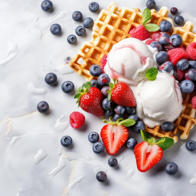 Waffle tradizionali belgi con gelati e bacche su sfondo bianco da vicino