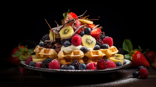 Waffle viennesi con frutta e bacche su sfondo scuro