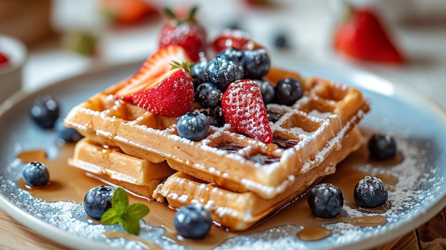 Waffle viennesi con mirtilli e fragoline di bosco su un piatto generato dall'intelligenza artificiale