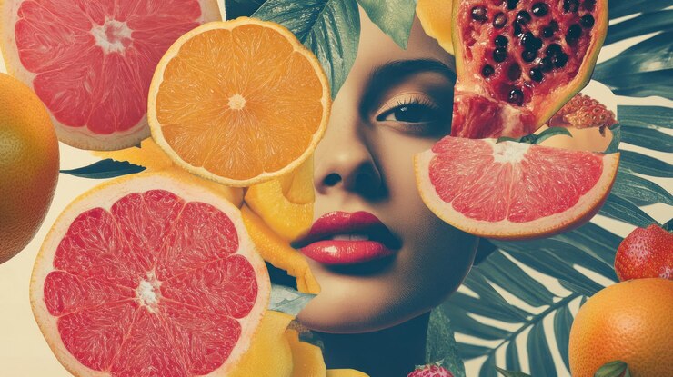 Wajah wanita yang tertata apik dengan buah jeruk dan daun tropis