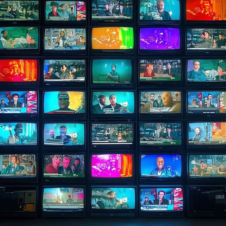 Wall of televisions displaying various colorful broadcasts