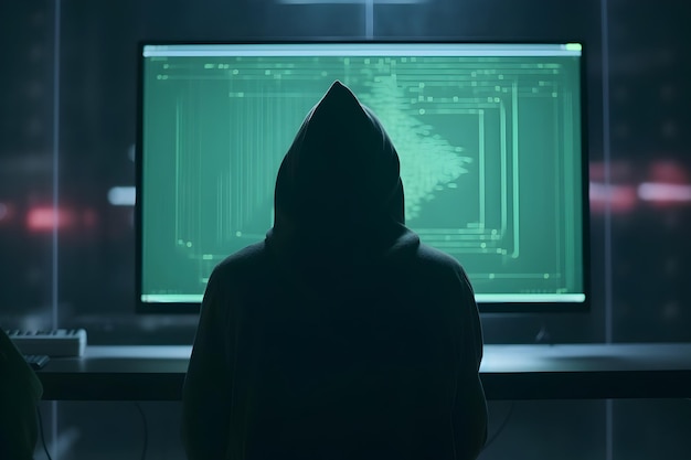 Wanted Hacker Coding Malicious Virus Ransomware Using Abstract Binary Code Cyberattack and System Breaking Concept in Sci Fi Matrix Ispirato