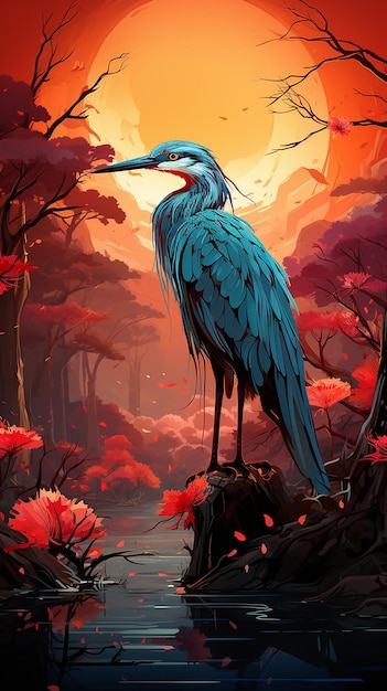 water_and_a_big_bird_standing_in_the_evening_setting_for