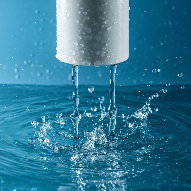 Water flowing from a white cylindrical object creating a splash