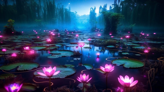 Water Lily incandescente paludi bioluminescenti al neon scintillanti di bellissimi colori al neon notturni