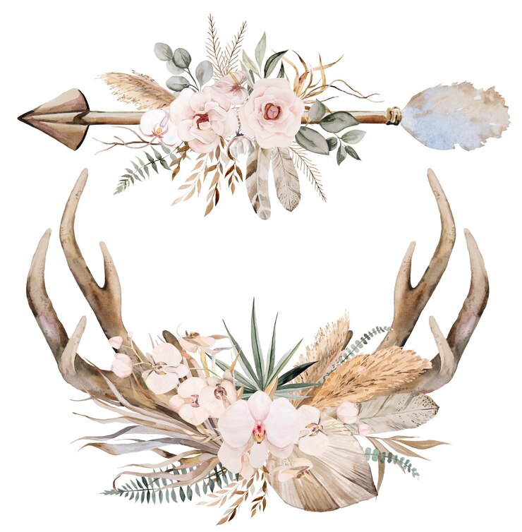 Photo watercolor arrow and deer antlers with tropical leaves and flowers bouquet brown and beige wedding