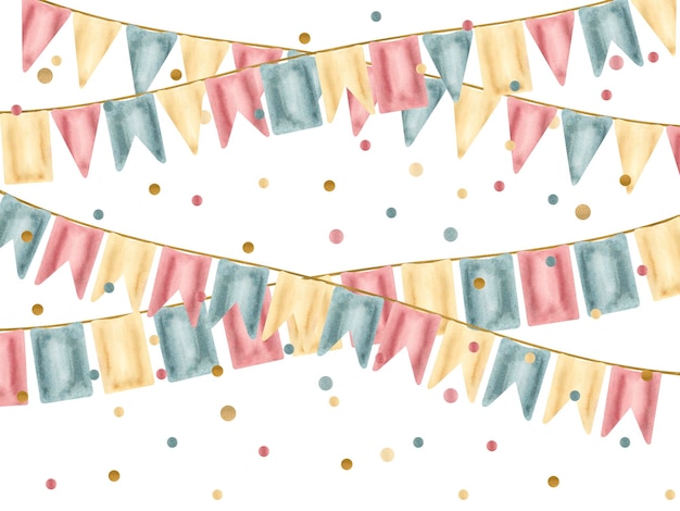 Watercolor banner with a garland of colorful flags and colored confetti on a white background