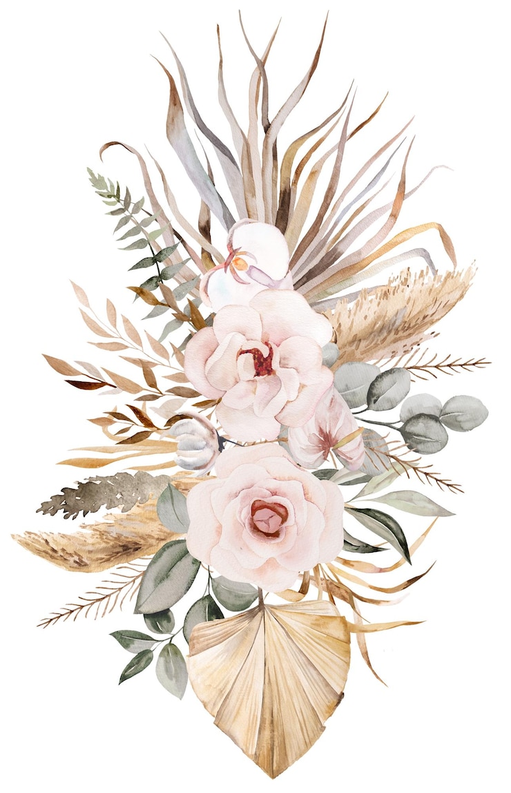 Photo watercolor bohemian bouquet with tropical flowers dried palm leaves and pampas grass illustration copy space arrangement for wedding design