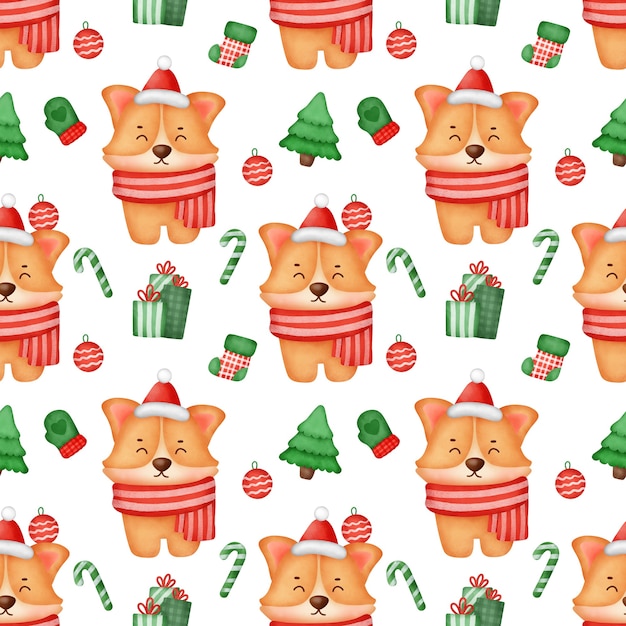 Watercolor Christmas corgi seamless patterns.