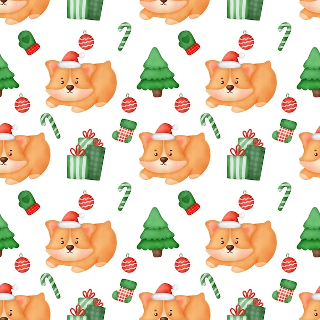 Watercolor Christmas corgi seamless patterns.