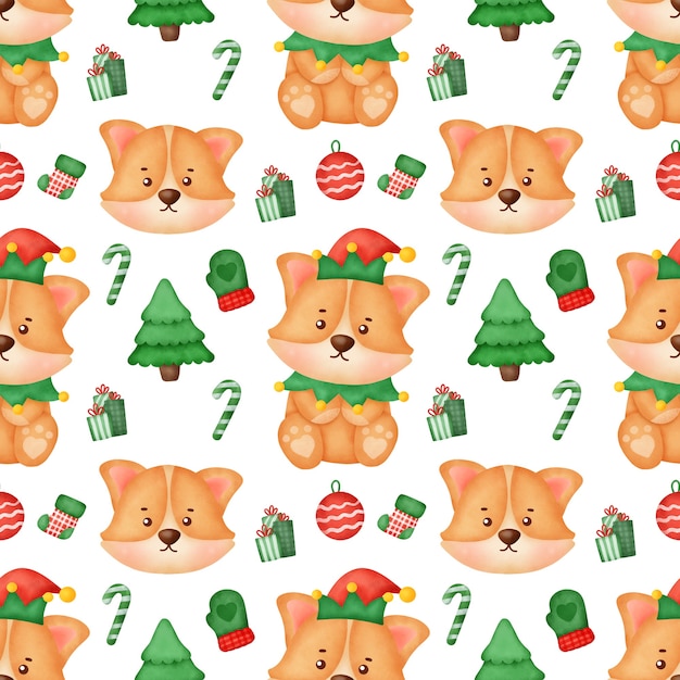 Watercolor Christmas corgi seamless patterns.