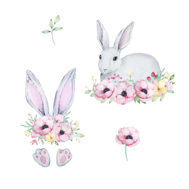 Watercolor Easter Rabbit and Bunny ears with spring flowers