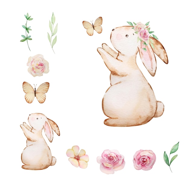 Watercolor Easter Rabbit with butterfly and spring flowers