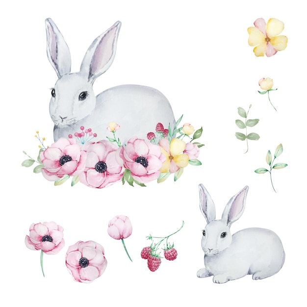 Watercolor Easter white Rabbit with spring flowers