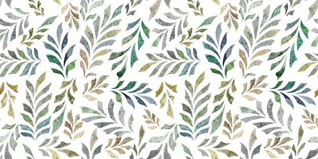 Watercolor hand drawn seamless green pattern with leaves branches isolated on white background