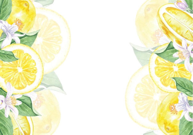 Watercolor illustration frame of lemon leaves and flowers in botanical style For invitation cards