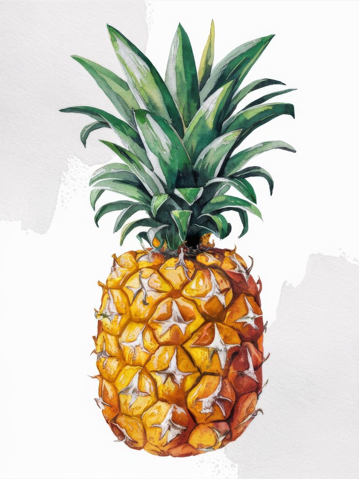 Watercolor Pineapple Illustration with Green Leaves on White Background