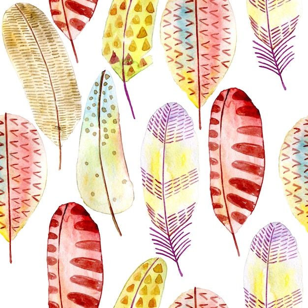 watercolor seamless pattern with stylized bird feathers