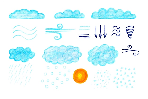 Watercolor weather forecast Clouds precipitation wind Handdrawn weather elements isolated on white background Nice blue clouds