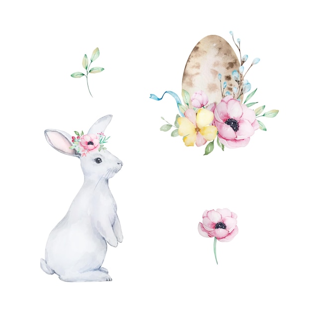 Watercolor White Easter Rabbits and spring flowers pink anemones bouque