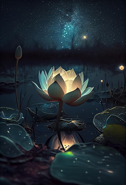 Waterlily e luna nell'illustrazione di notte stellata