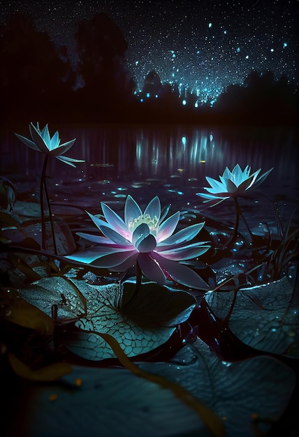 Waterlily e luna nell'illustrazione di notte stellata