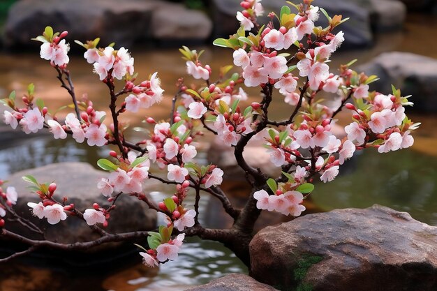 Waterside rockery prugna fiore petalo pioggia AI generativa