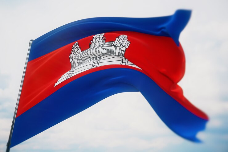 Waving flags of the world - flag of Cambodia. Shot with a shallow depth of field, selective focus. 3D illustration.