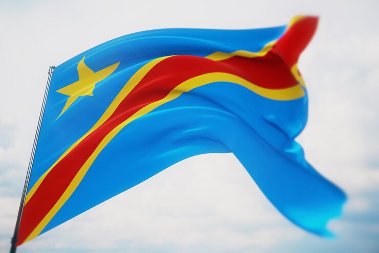 Waving flags of the world - flag of Democratic Republic of the Congo. Shot with a shallow depth of field, selective focus. 3D illustration.