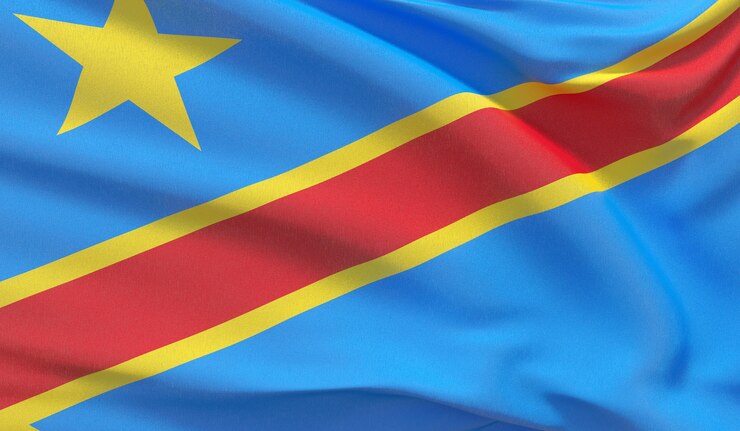 Waving national flag of Democratic Republic of the Congo. Waved highly detailed close-up 3D render.