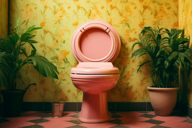 WC rosa seduto in bagno accanto a pianta in vaso AI generativa