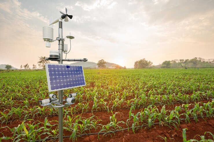 Weather station in corn field 5G technology with smart farming concept