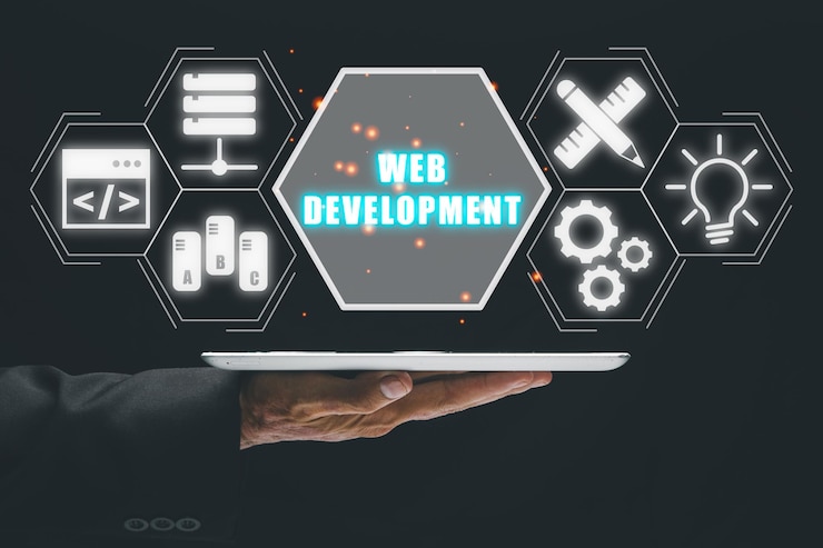 Photo web development coding programming internet technology business concept business person using tablet with web development icon on vr screen