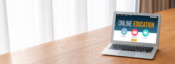 Photo website e-learning dengan perangkat lunak trendi bagi siswa untuk belajar online di jaringan internet