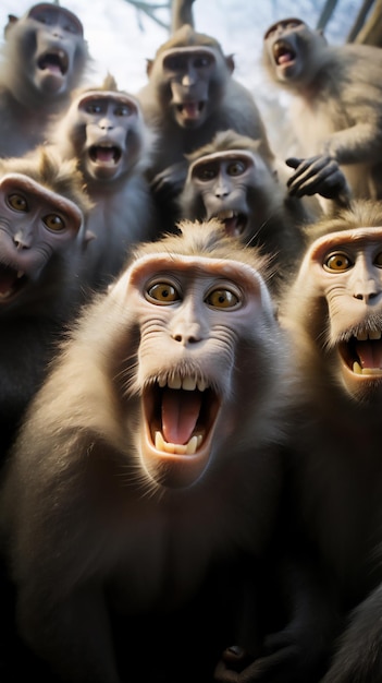 Wefie un gruppo di scimmie selvatiche con sorriso e volto felice affollato