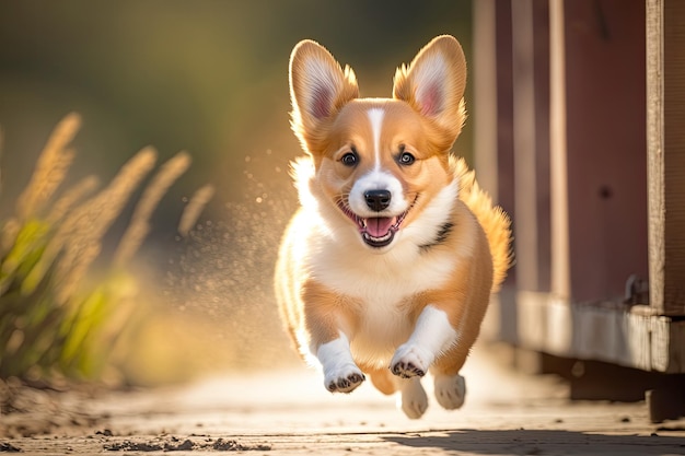 Welsh corgi pembroke cucciolo di cane che corre e gioca in una soleggiata giornata estiva Che cane pazzo