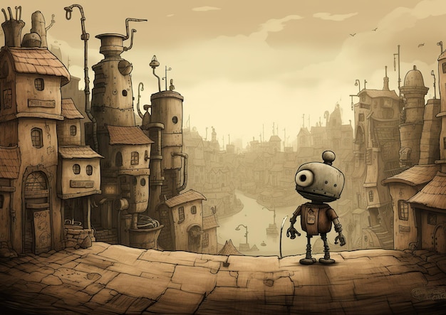 Whimsical Adventure Machinarium Robot in una Cartoon Fantasy City Generative AI